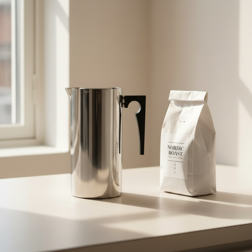 Nordic Kitchen Scene with Labeled Coffee Bag