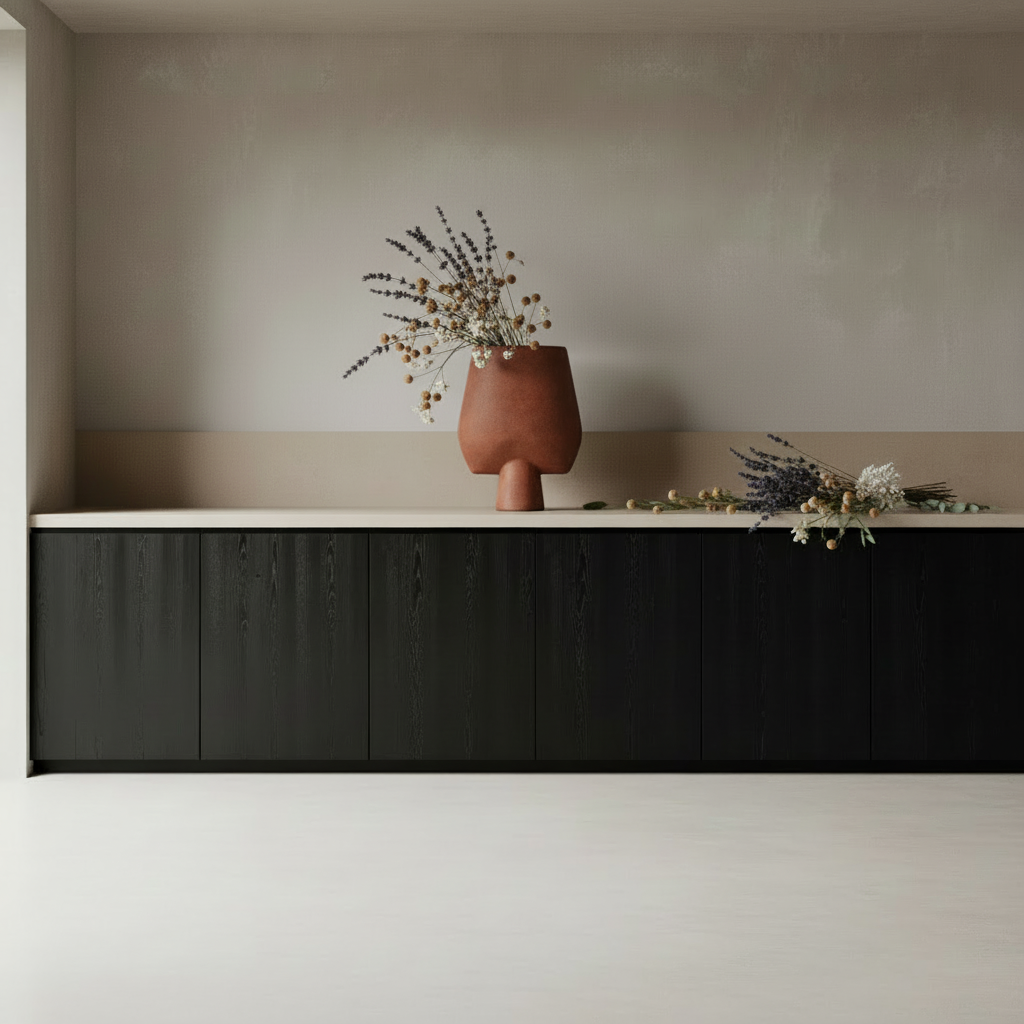 Nordic kitchen with vase and asymmetrical floral arrangement