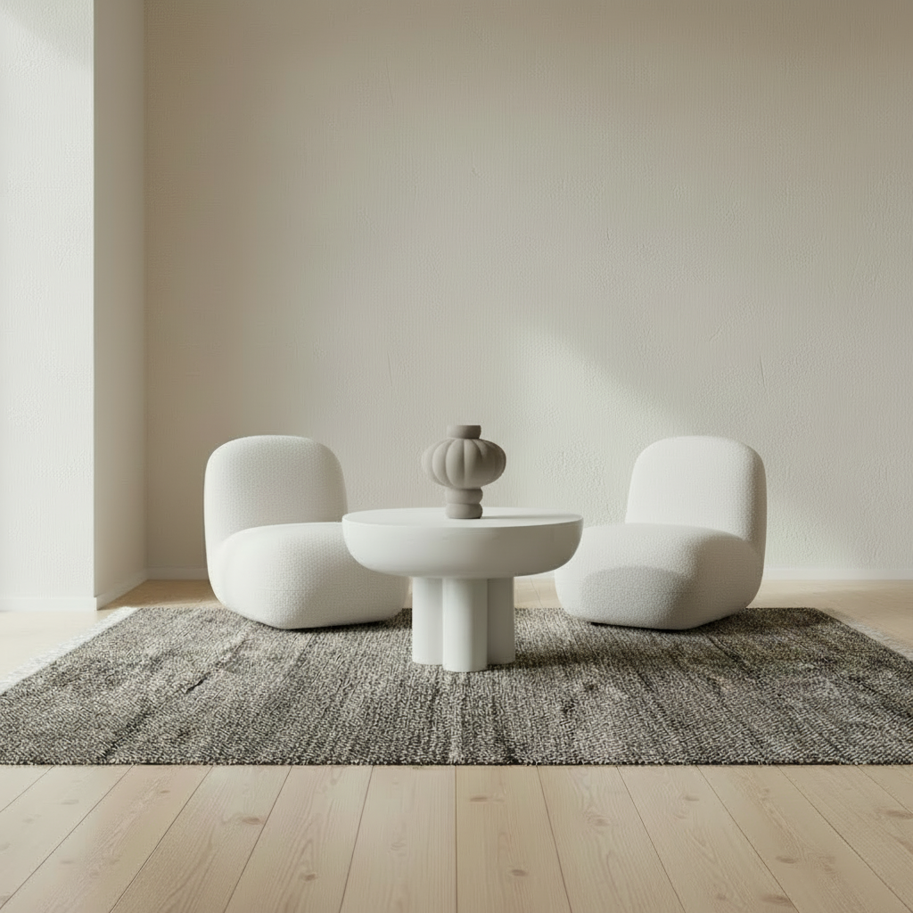Nordic living space with Crown Table, Toe Chairs, Tuohi rug and empty Balloon Vase