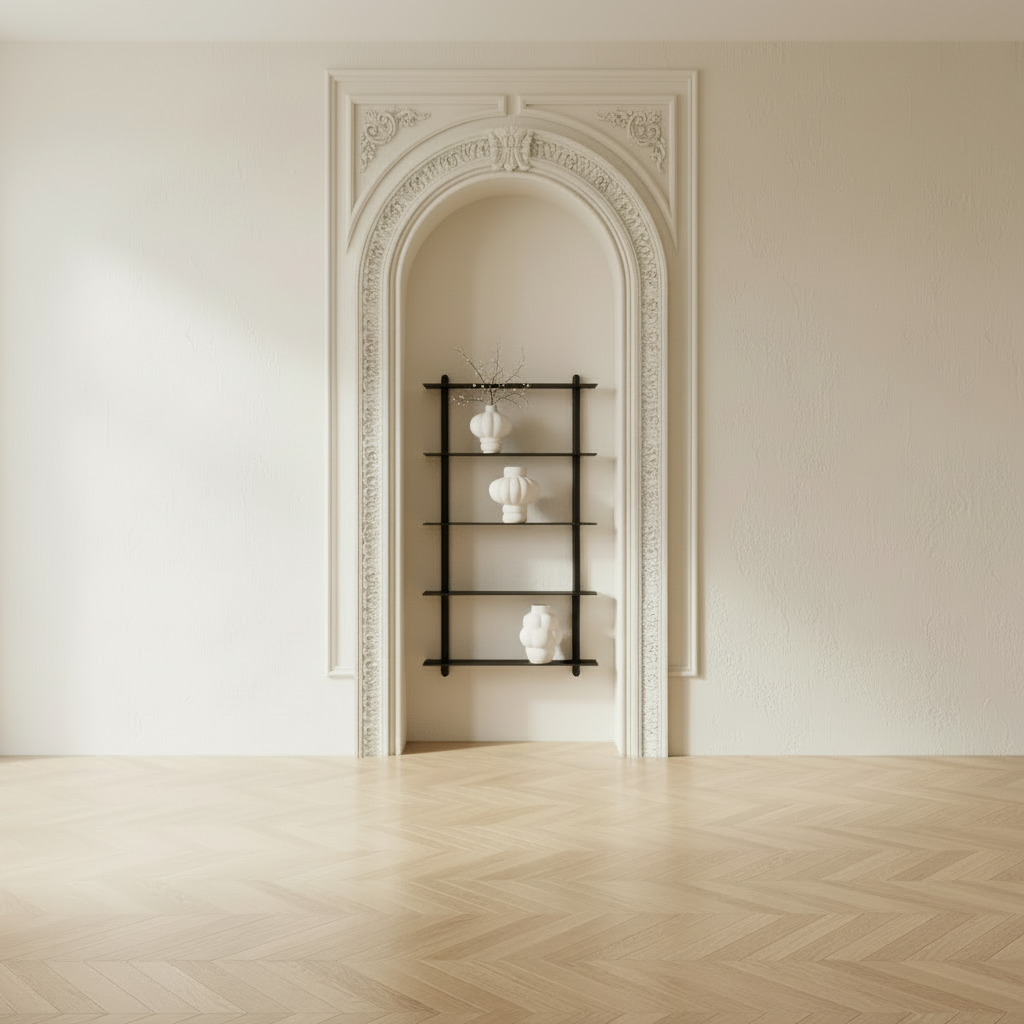 Nordic living space with NIVO shelf and Balloon vases in arched niche