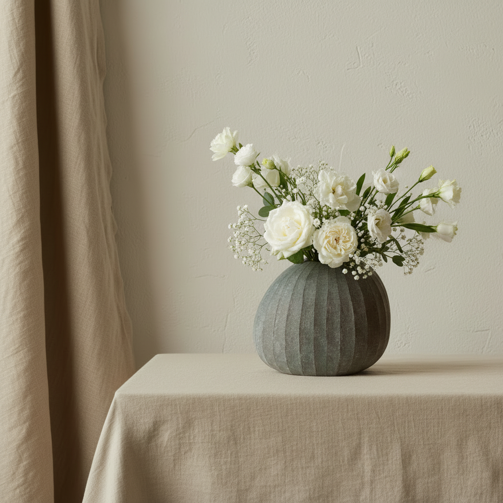 Nordic product backdrop with Organic Vase 04 Smoke and white flowers
