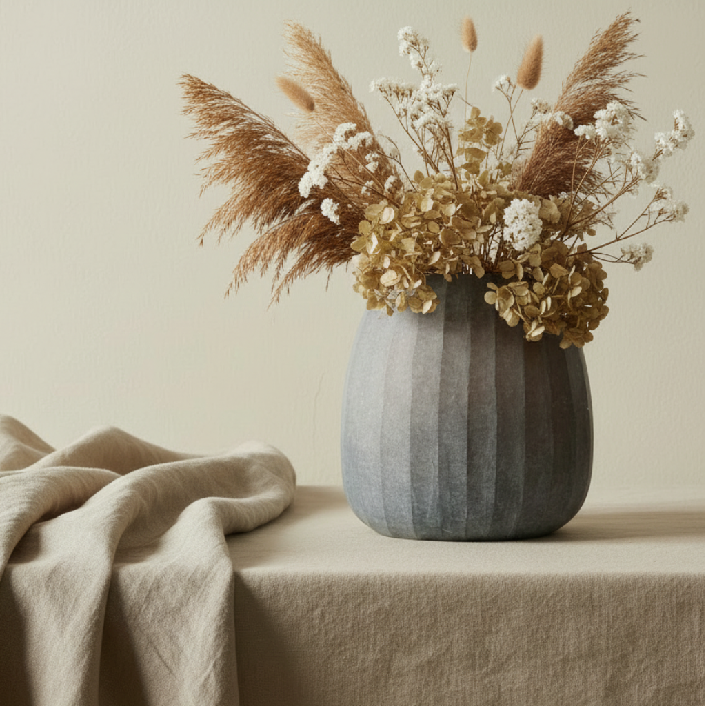 Nordic vase with flowers on Belgian linen backdrop
