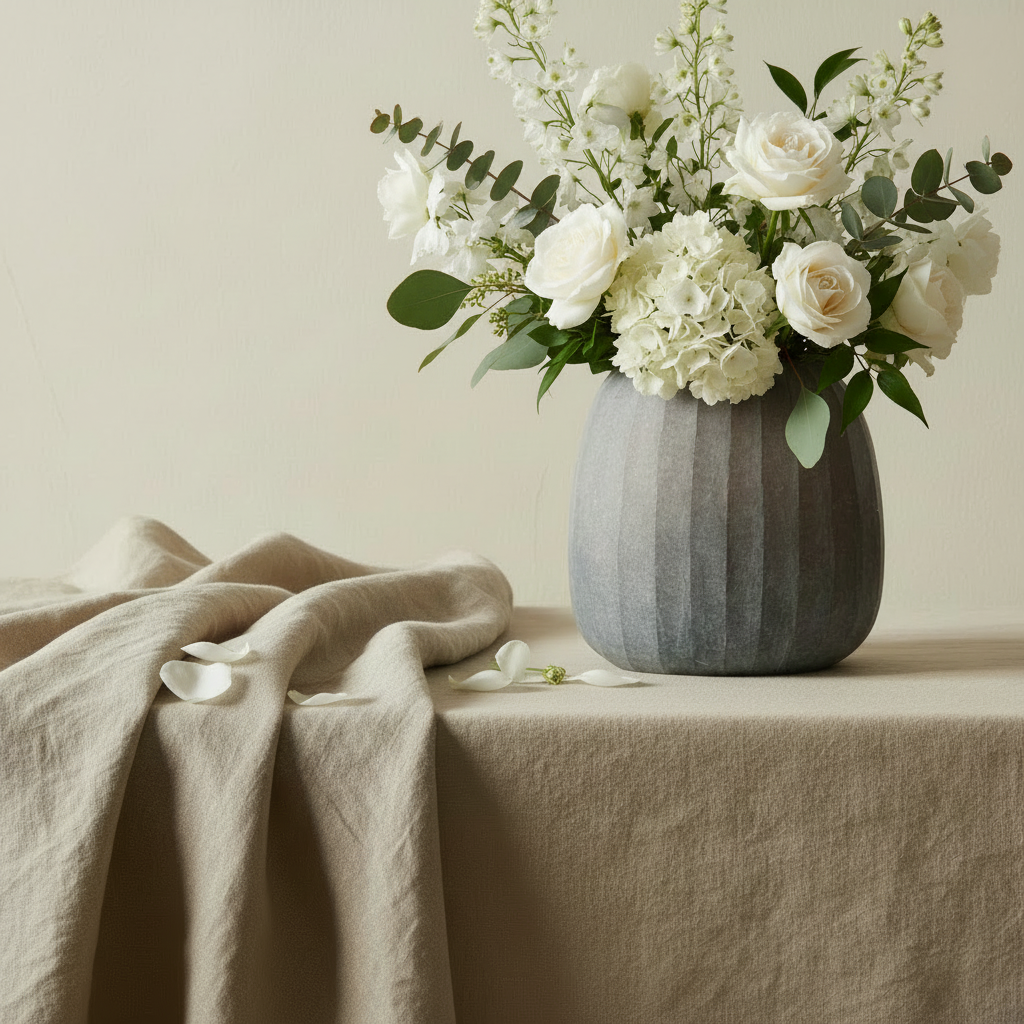 Nordic vase with white flowers on Belgian linen backdrop