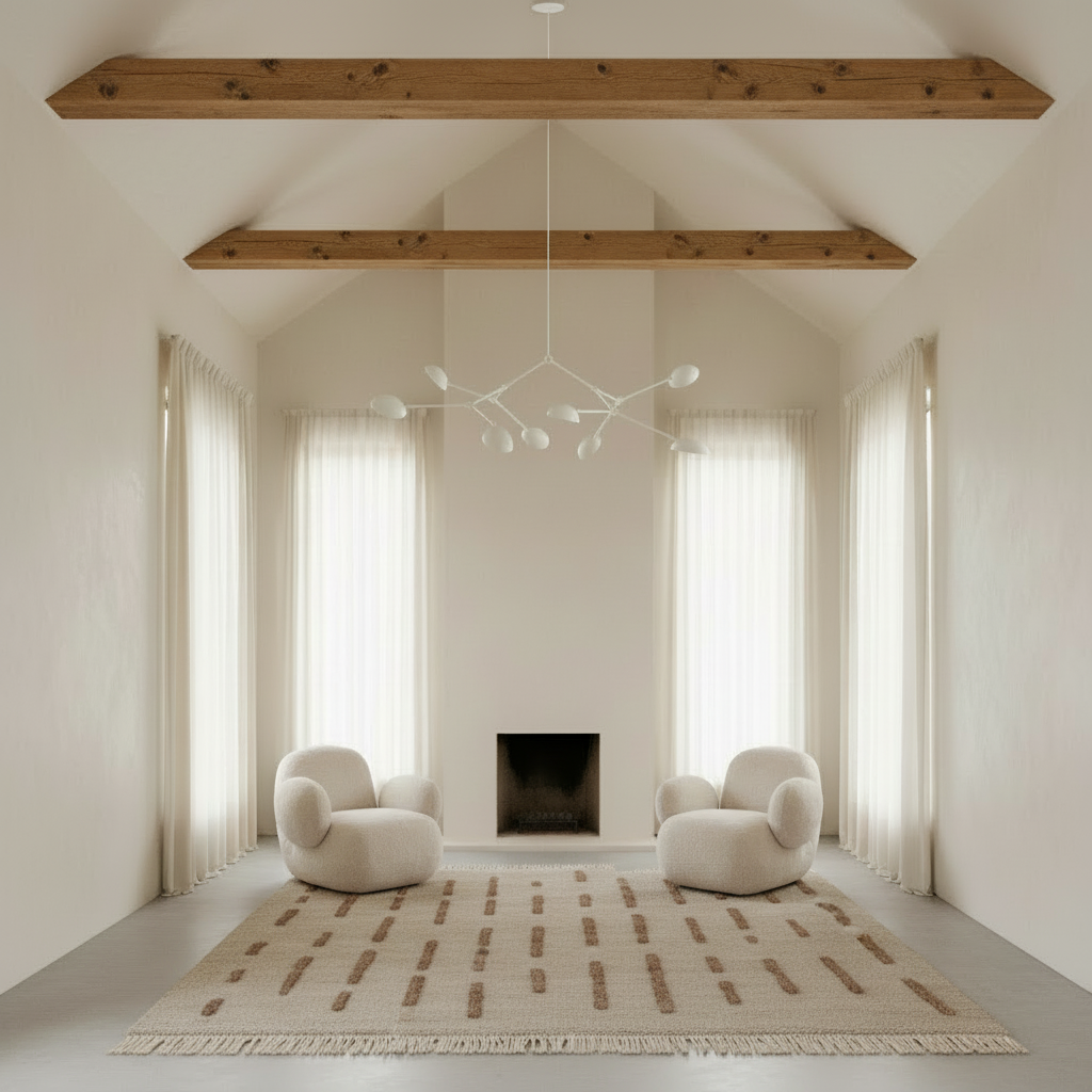 Nordic vaulted room with Drop Chandelier, Toe Chairs, and Laine Knotted rug
