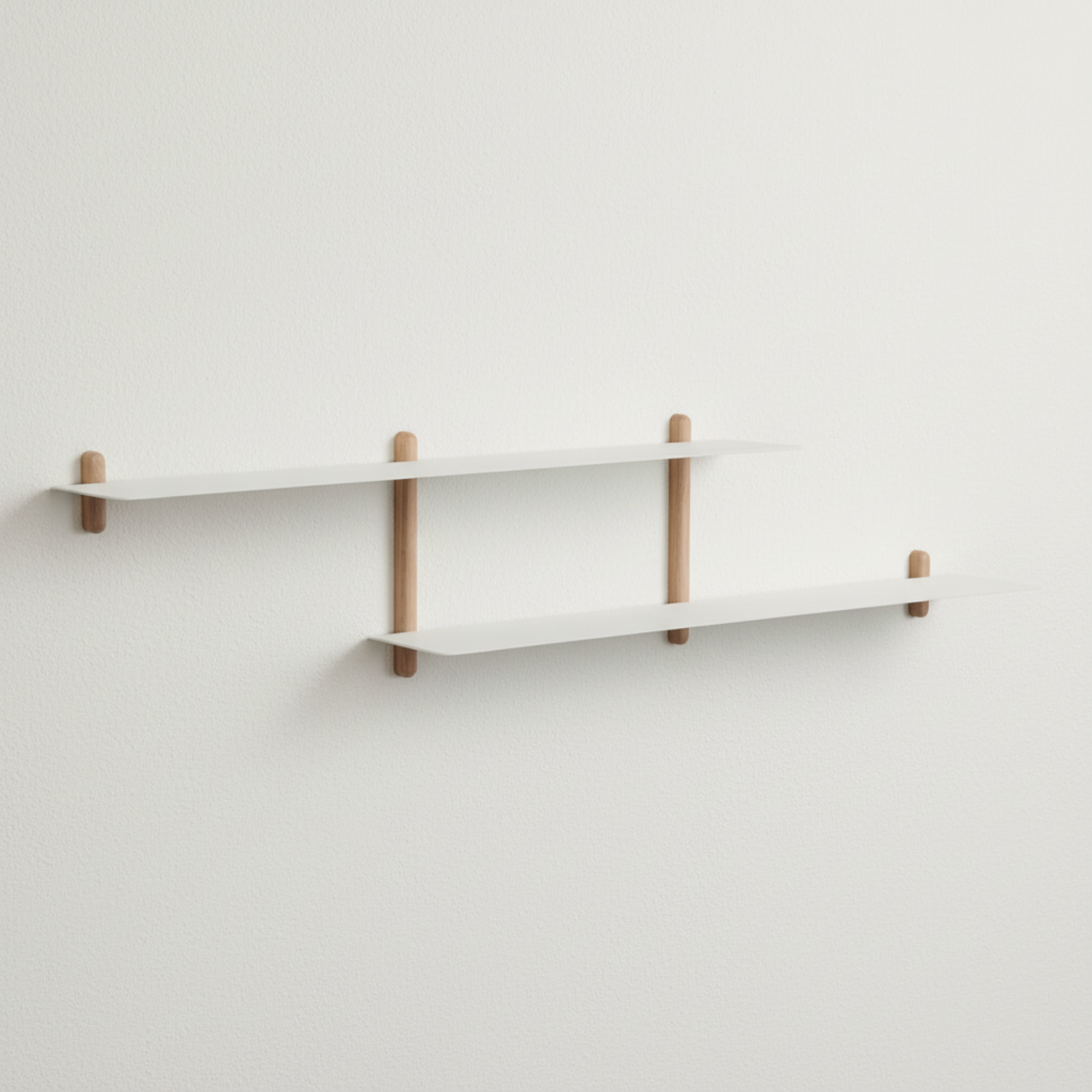 Nordic wall shelves with limewashed ivory background