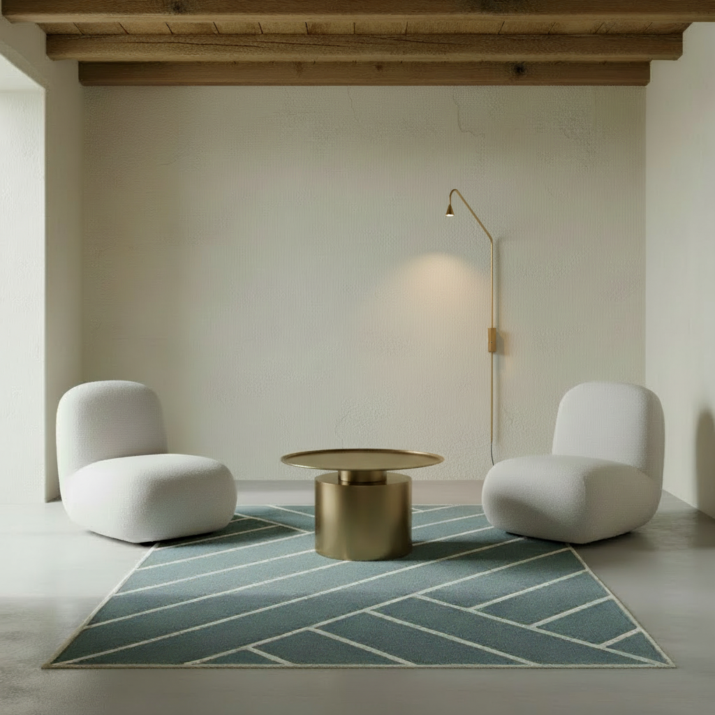 NordicModern VK-2 Blue Rug with Toe Chairs, Pillar Table, and Austere Wall Light