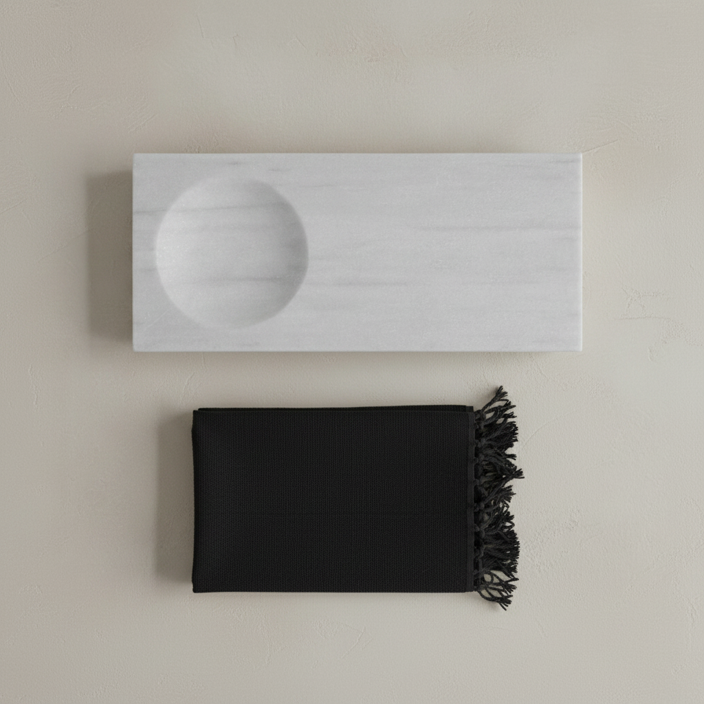 Oka White Marble Tray + Musta Black Towel Flatlay