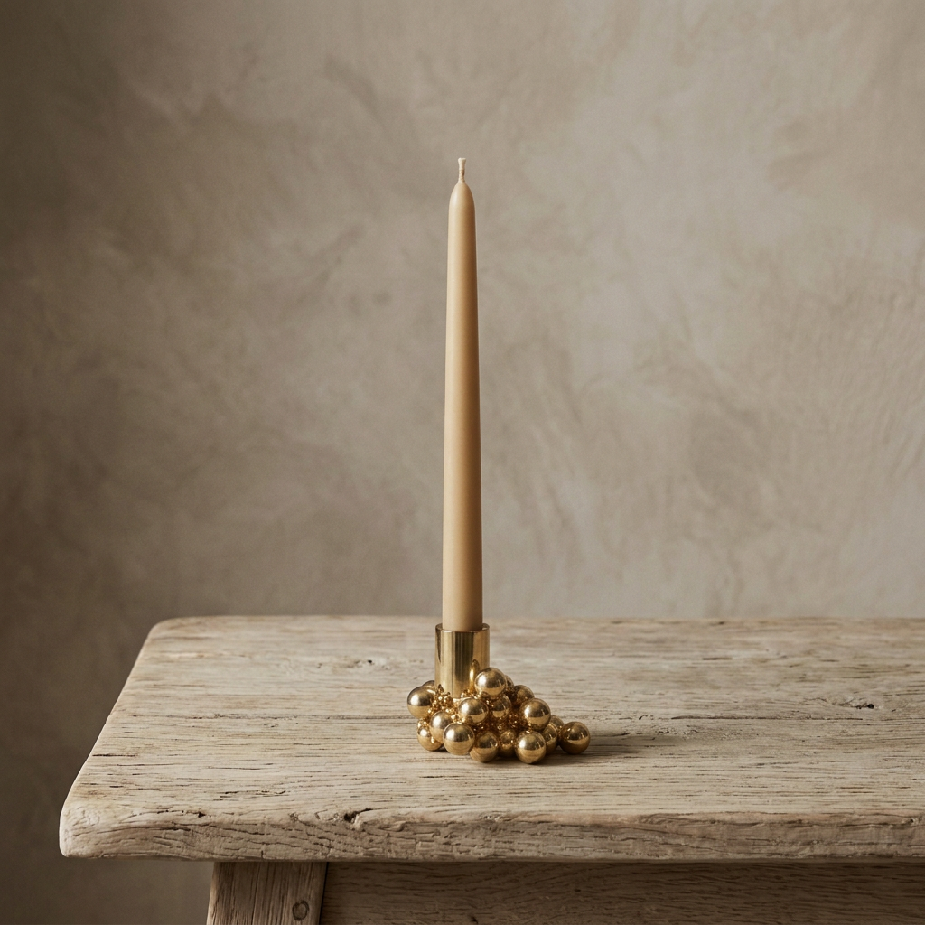 One Molekyl brass candleholder on the aged blonde wood table, in the original warm, moody square setting.