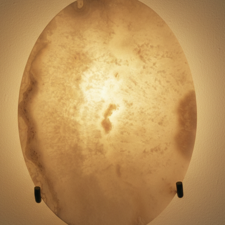 Onyx stone wall sconce on limewash beige wall