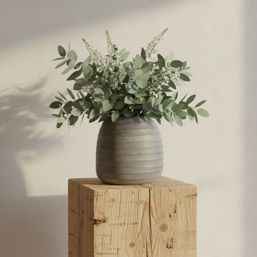 Organic vase 02 with green and white foliage on barn beam podium