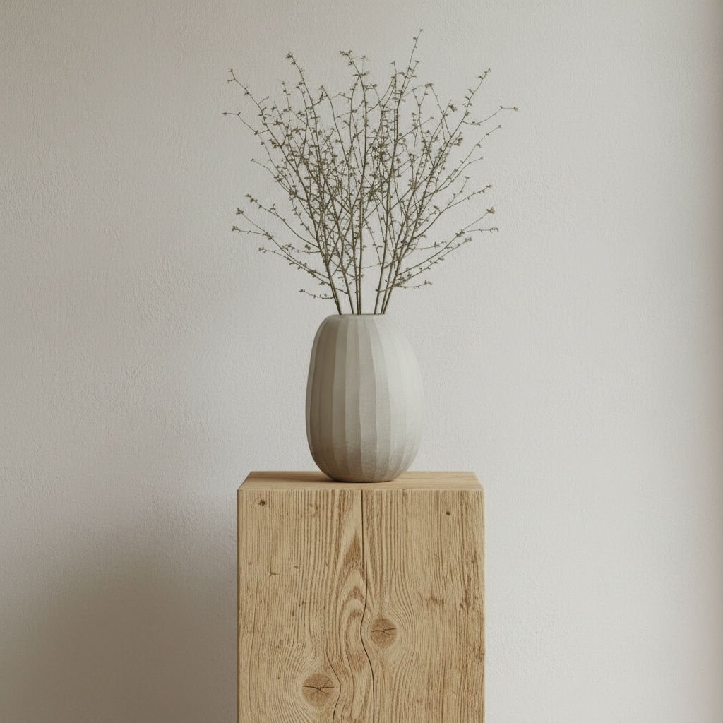 Organic Vase 04 with twig arrangement on barn beam podium