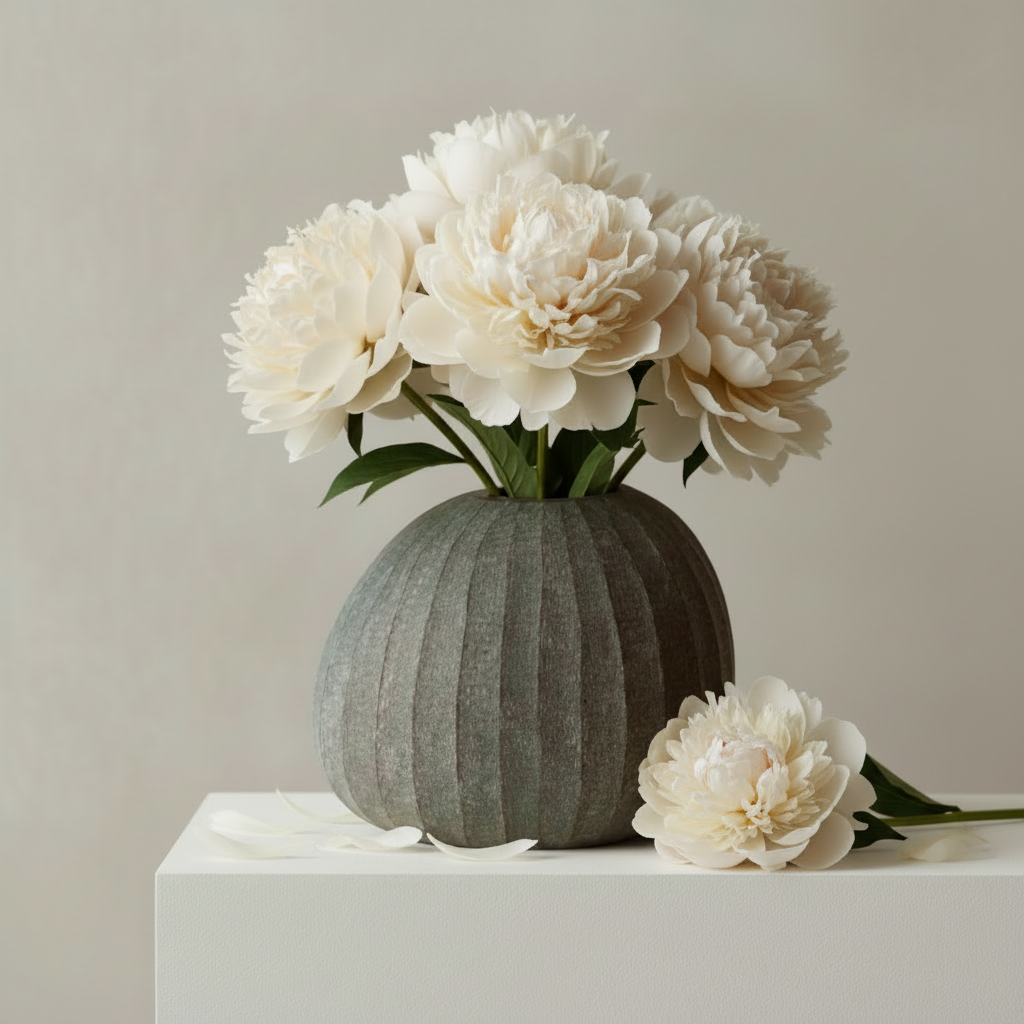 Organic Vase with Peonies and Scattered Petals