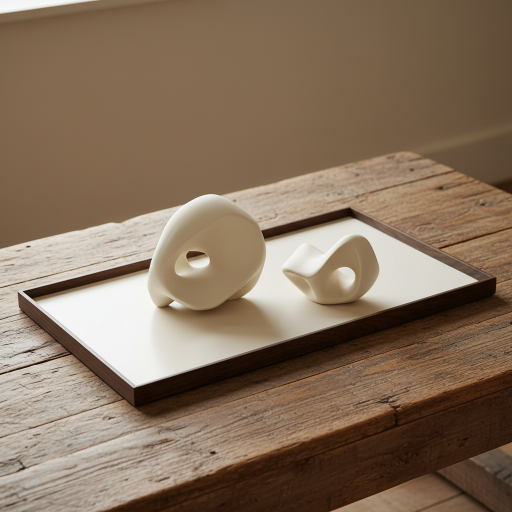 Ori Birch Sculptures on GEJST Frame Tray — Barnboard Coffee Table