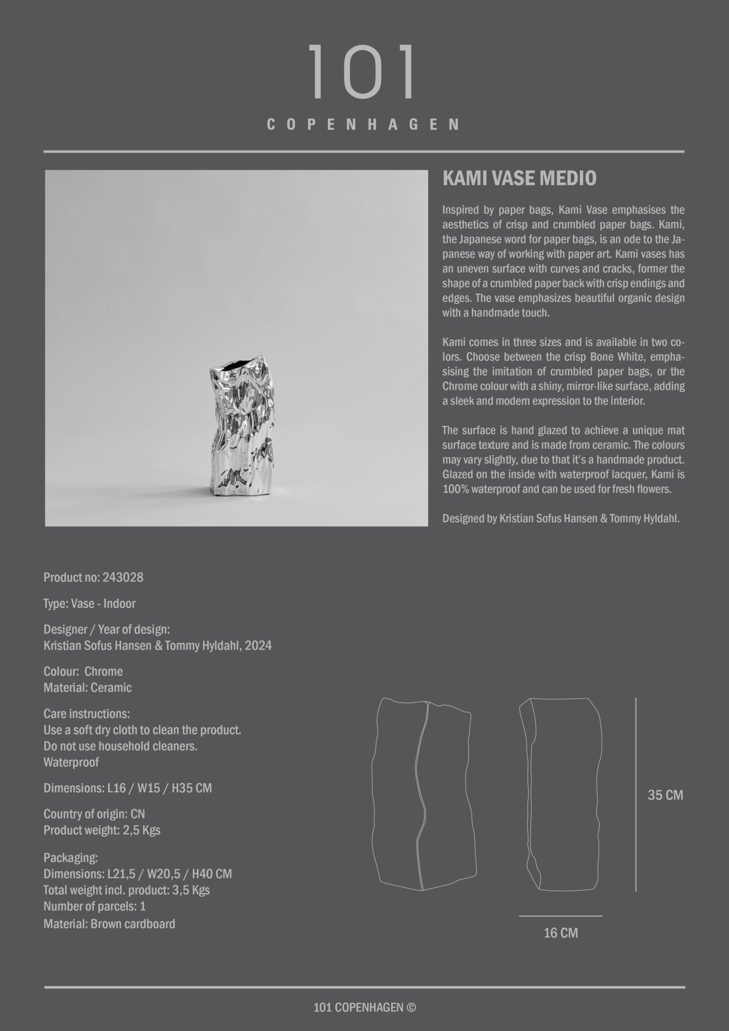 Kami Vase, Medio - Chrome