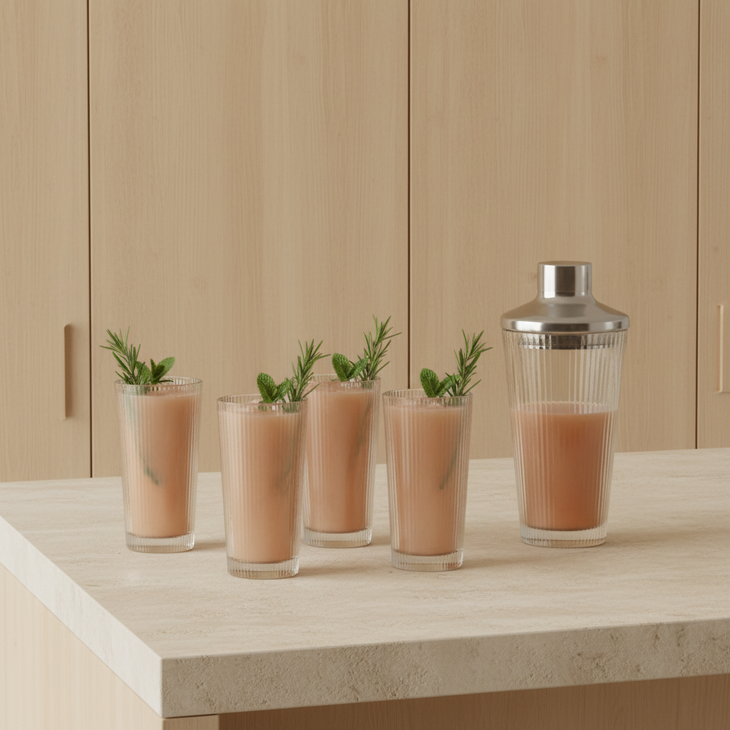 Pilastro Glasses + Shaker — Soft Peach Cocktails with Green Garnish