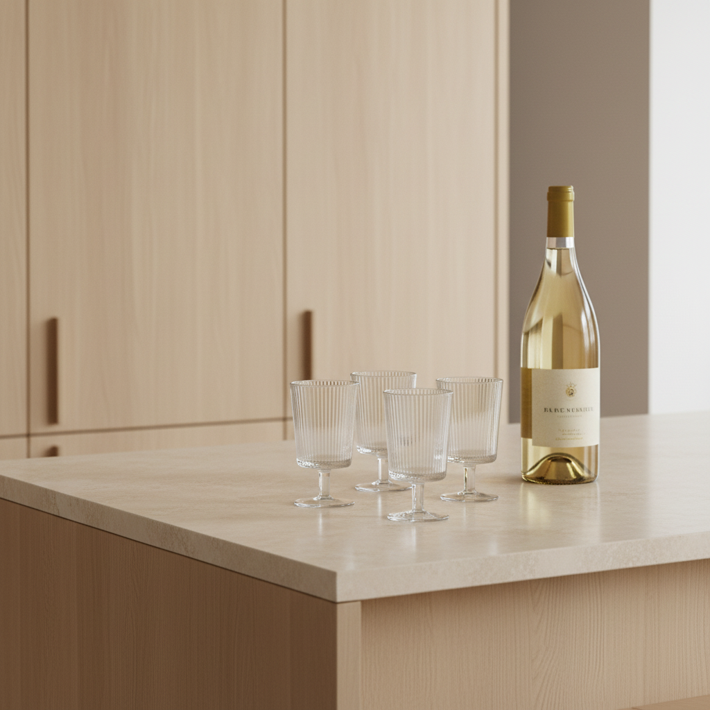 Pilastro wine glass set with proportionate wine bottle on kitchen counter