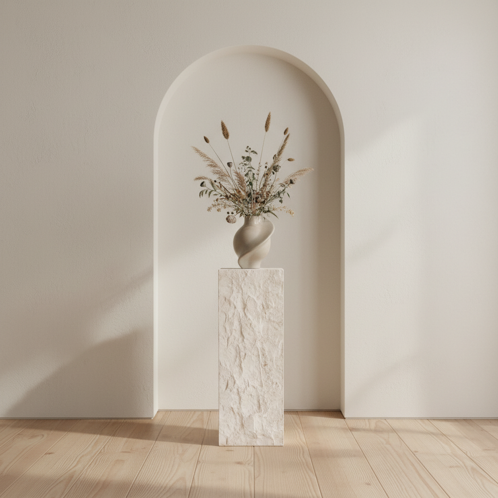 Pirout Vase with dried herbal arrangement on Limestone Podium