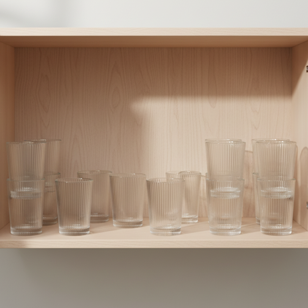 Ribbed glass tumblers inside cupboard on shelf
