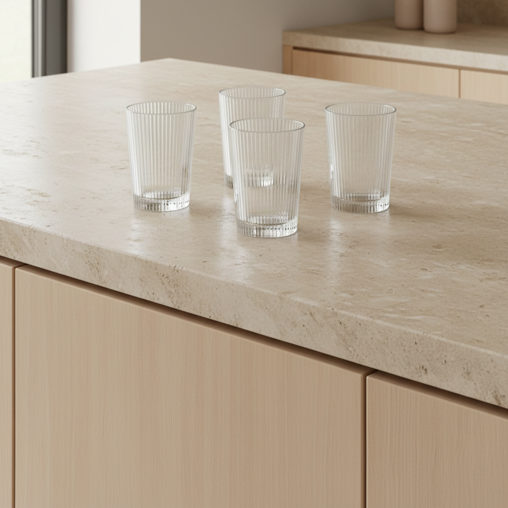 Ribbed glass tumblers on limestone kitchen counter