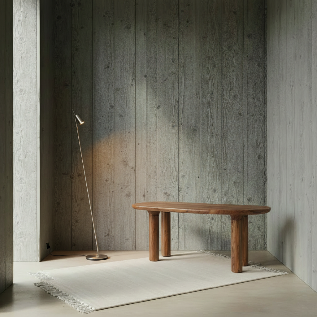 Rustic barnboard space with walnut desk, Hanki II rug, and Aude floor light