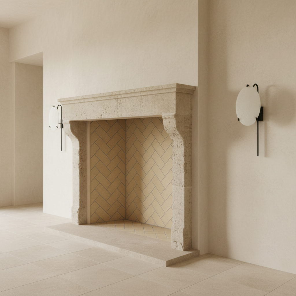 Rustic limestone fireplace with Moon Lantern Sconces