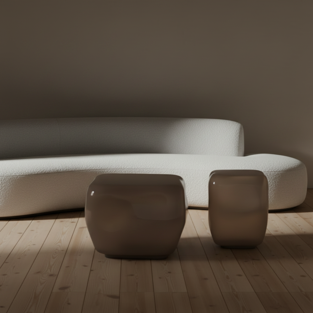 Semi-Transparent Stone Tables with Curved Sofa