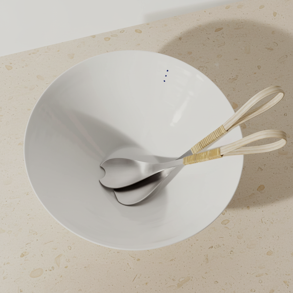 Shiro Bowl with serving spoons on blonde limestone