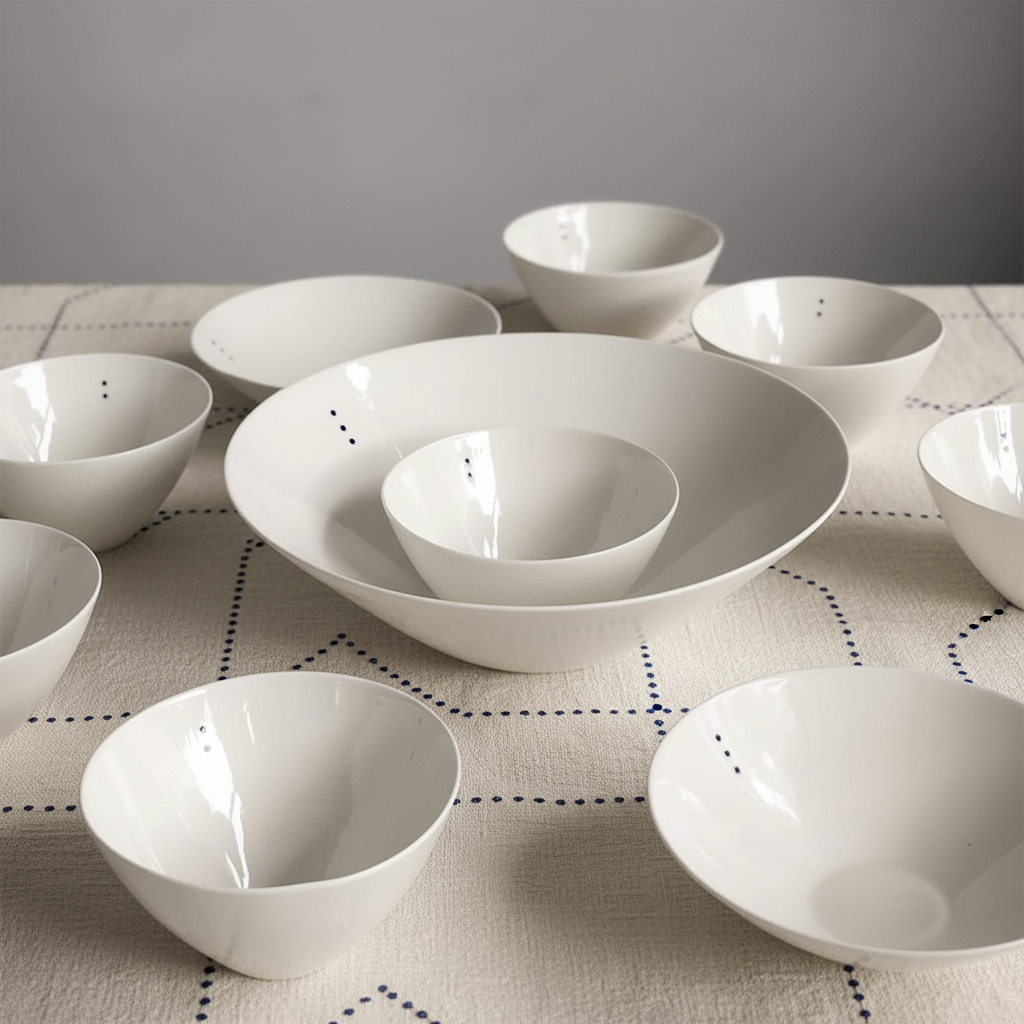 SHIRO bowls on off-white linen with indigo embroidery