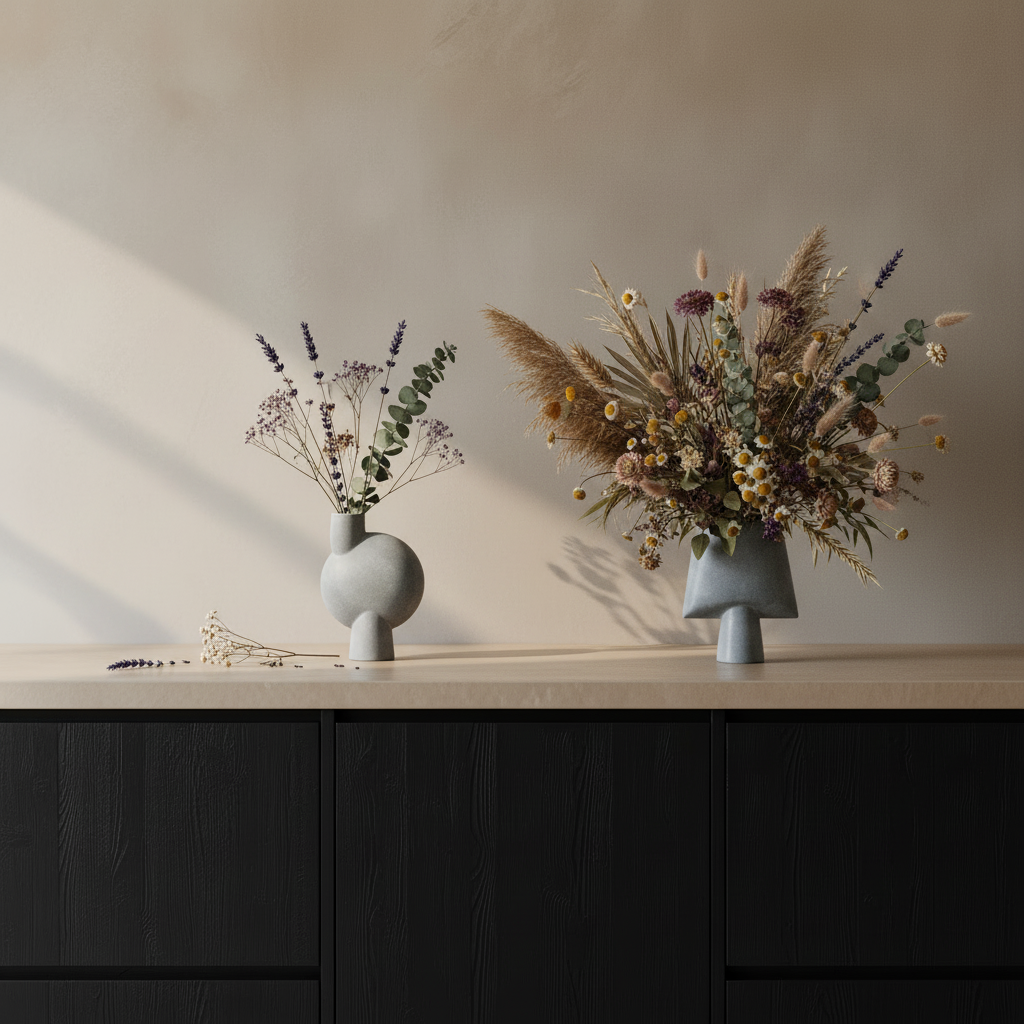 Sphere Vases with Botanicals in Openings — Limewash Kitchen Scene