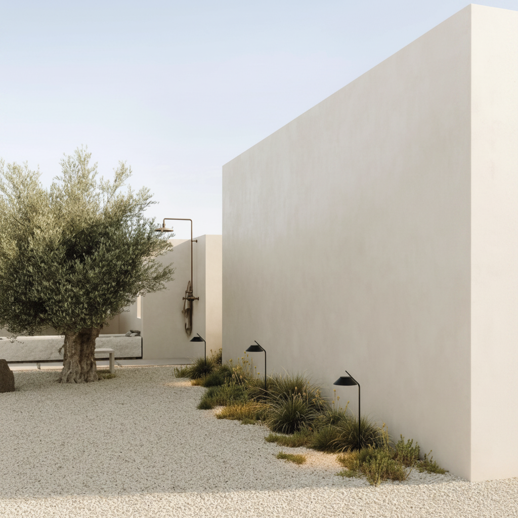 Three Vinkel Lamps at 30" Height in Mediterranean Garden