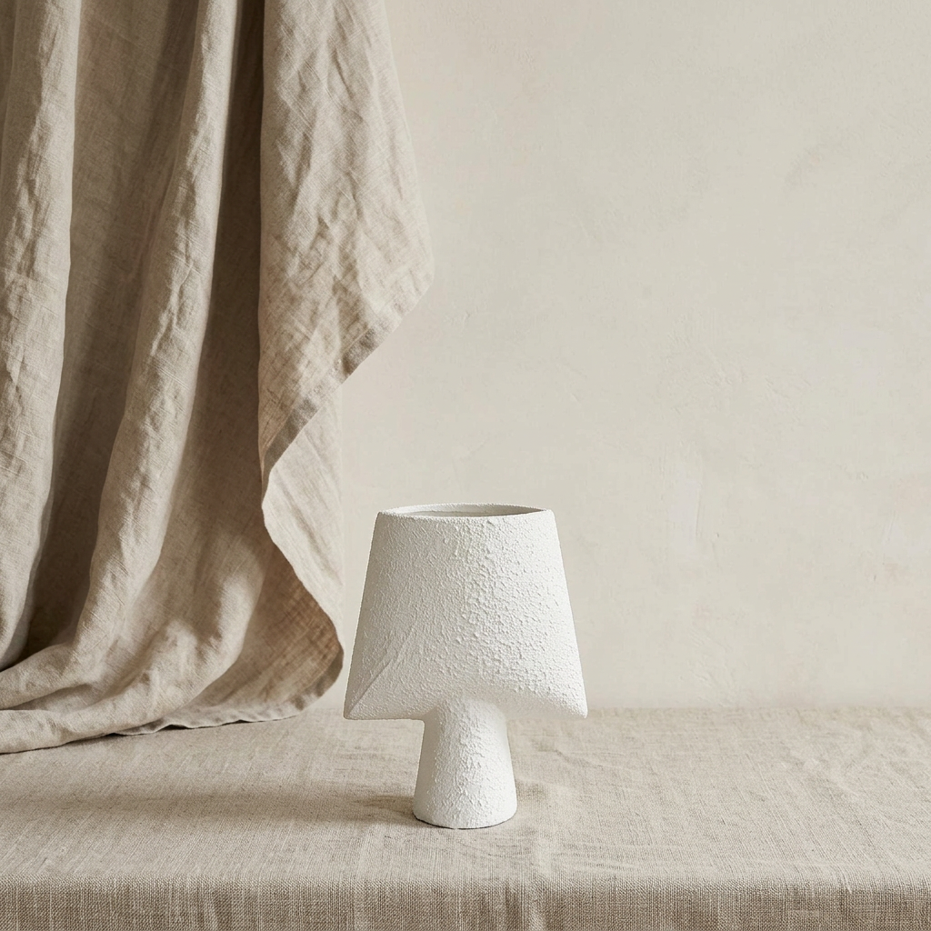 Vase styled with beige Belgian linen and a cream limewash background