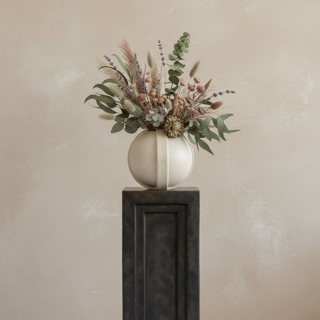 Vinci Vase 01 Vintage Glaze with dried arrangement on limewash background