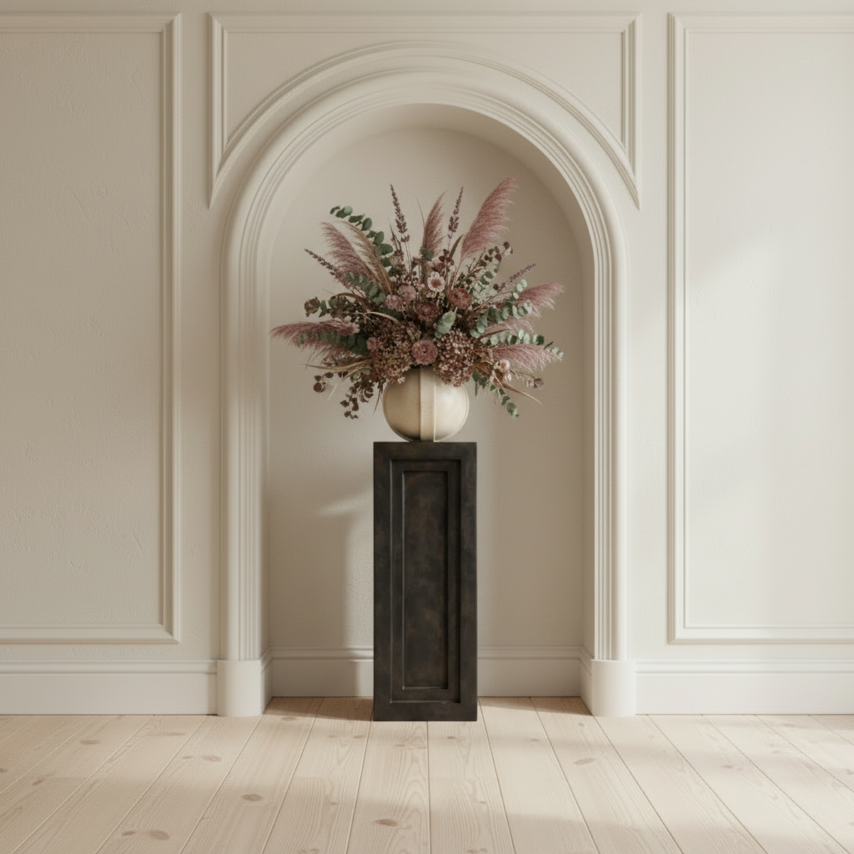 Vinci Vase 01 Vintage Glaze with dried arrangement on Podium Maxi Coffee in arched niche