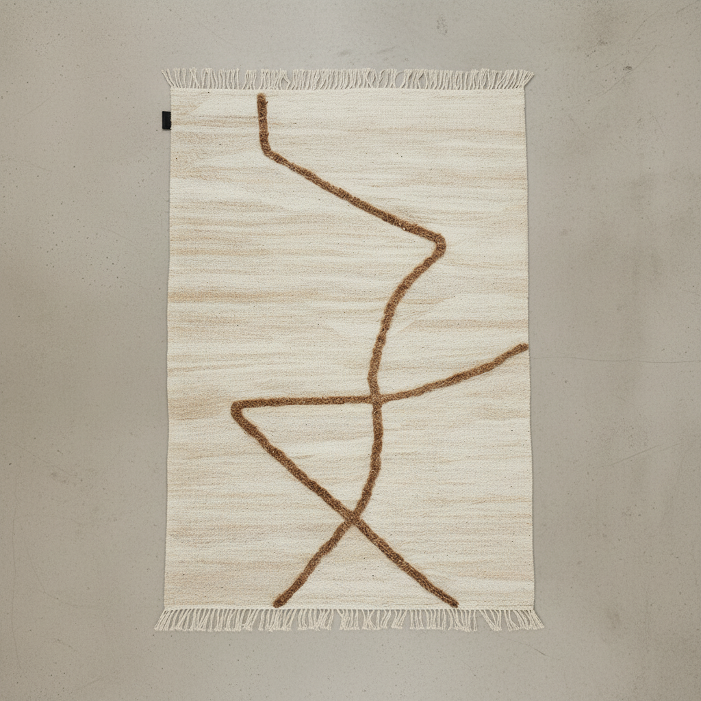 Vuoristo Woven Brown — Overhead Flat Lay, Light Concrete