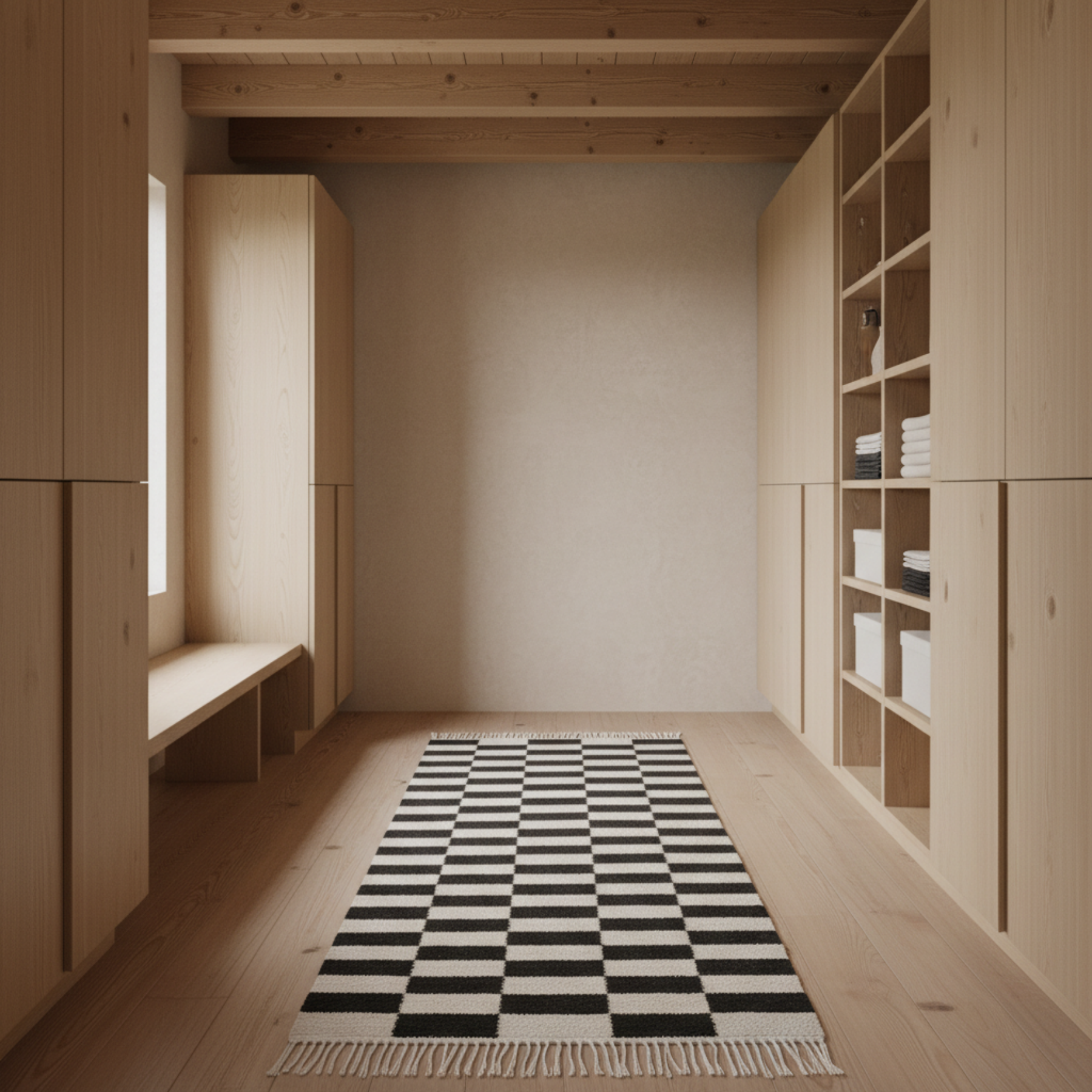 Warm minimalist closet with Abeba Rug