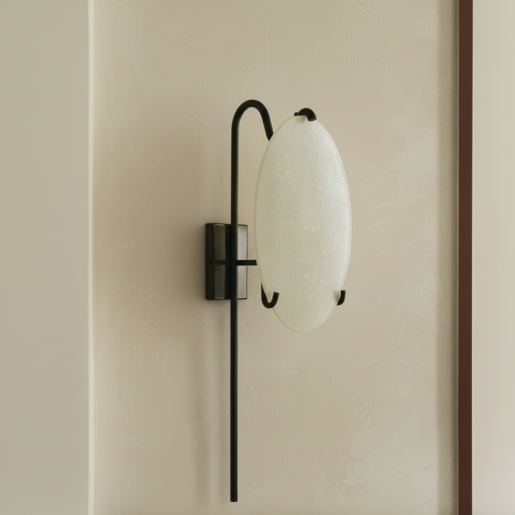 White frosted glass Moon Lantern wall sconce side view on limewash wall