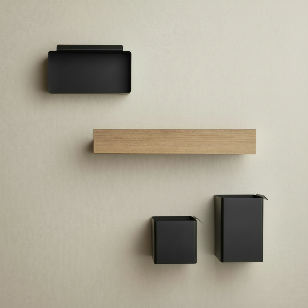 Set of wall-mounted shelves and planters on a beige wall