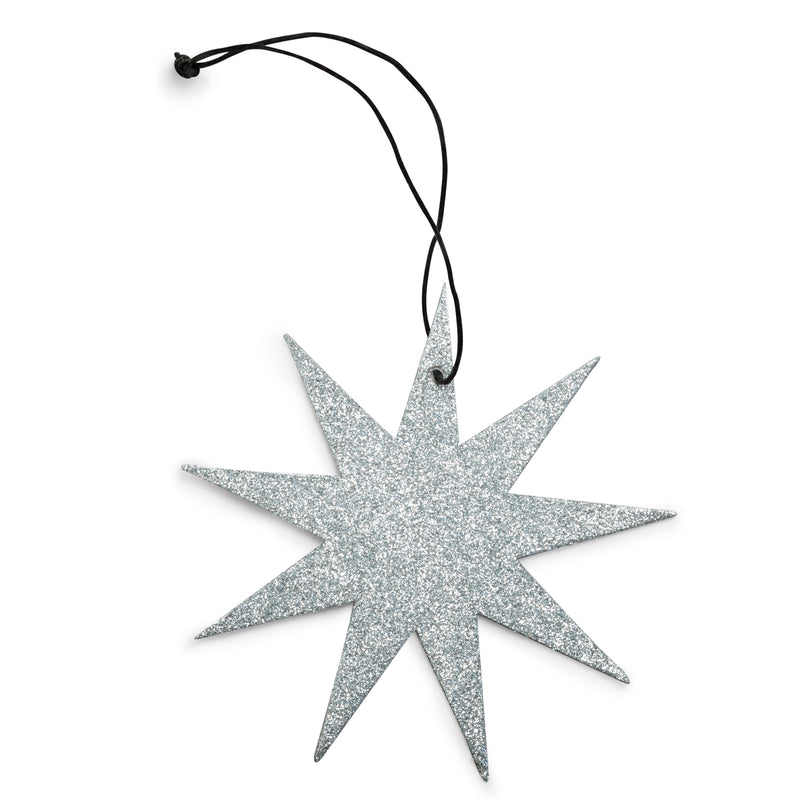 Holiday Ornament - 9-point glitter star, silver. (box of 25)