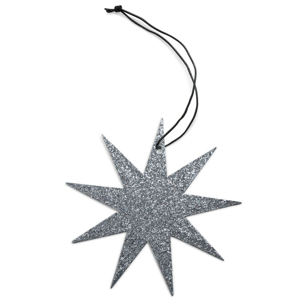 Holiday Ornament - 9-point glitter star, grey. (box of 25)