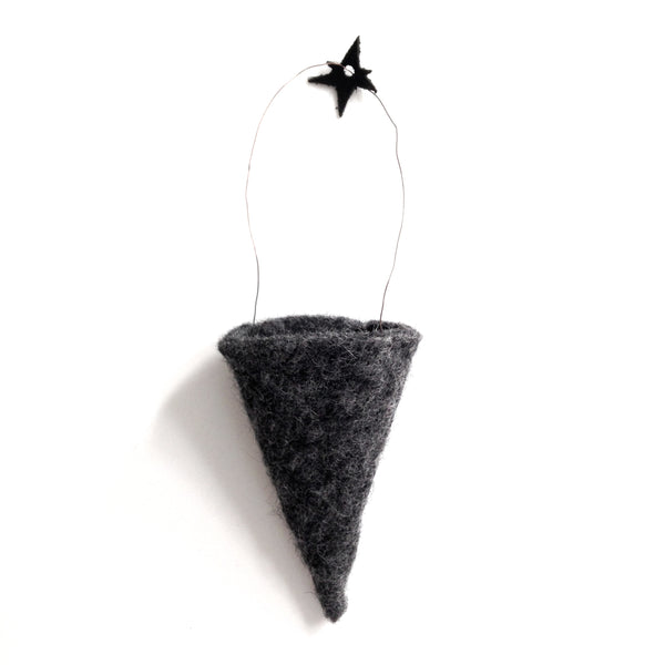 Holiday Ornament - felt cone, dark grey. (box of 20)