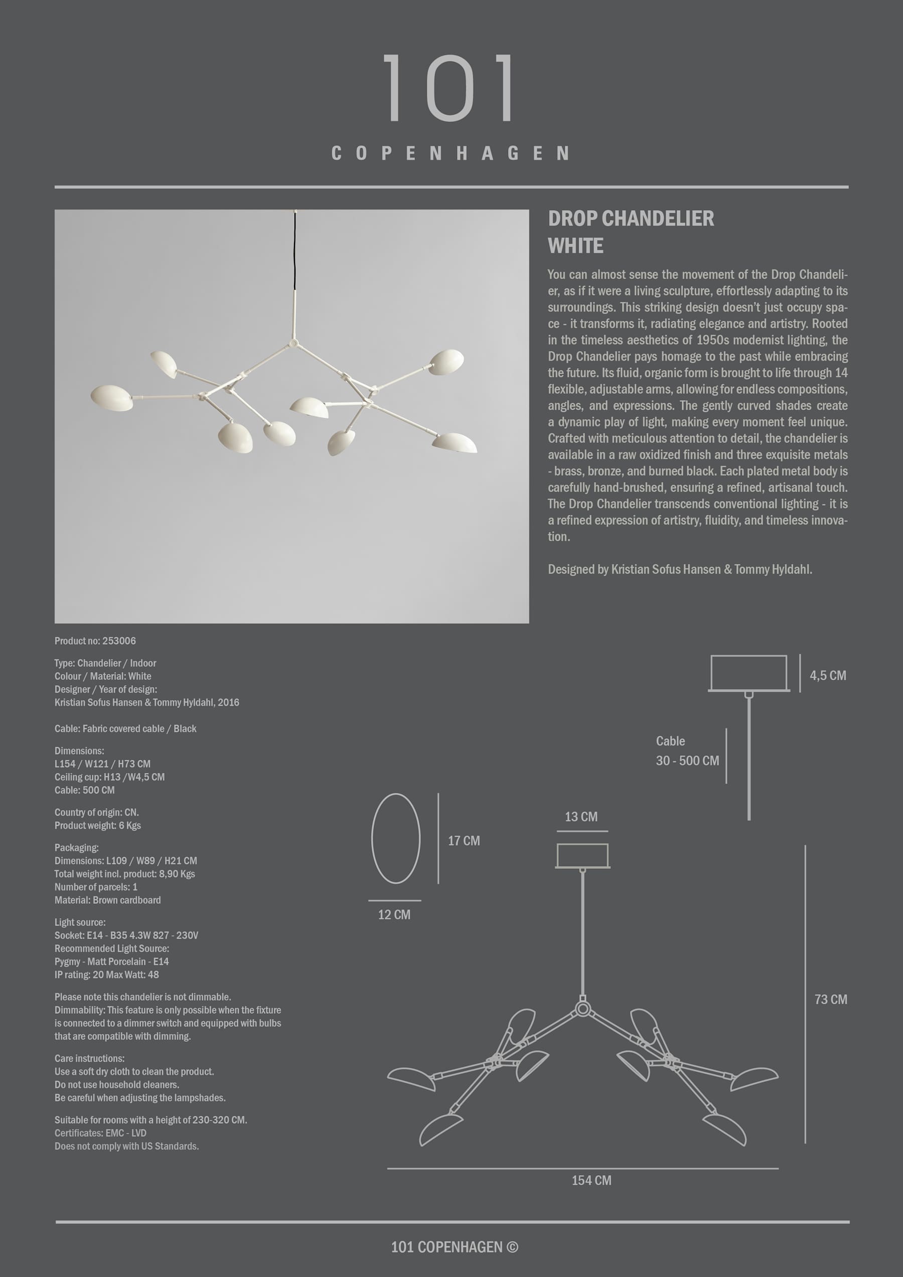 Drop Chandelier - White with 2 Cord Options