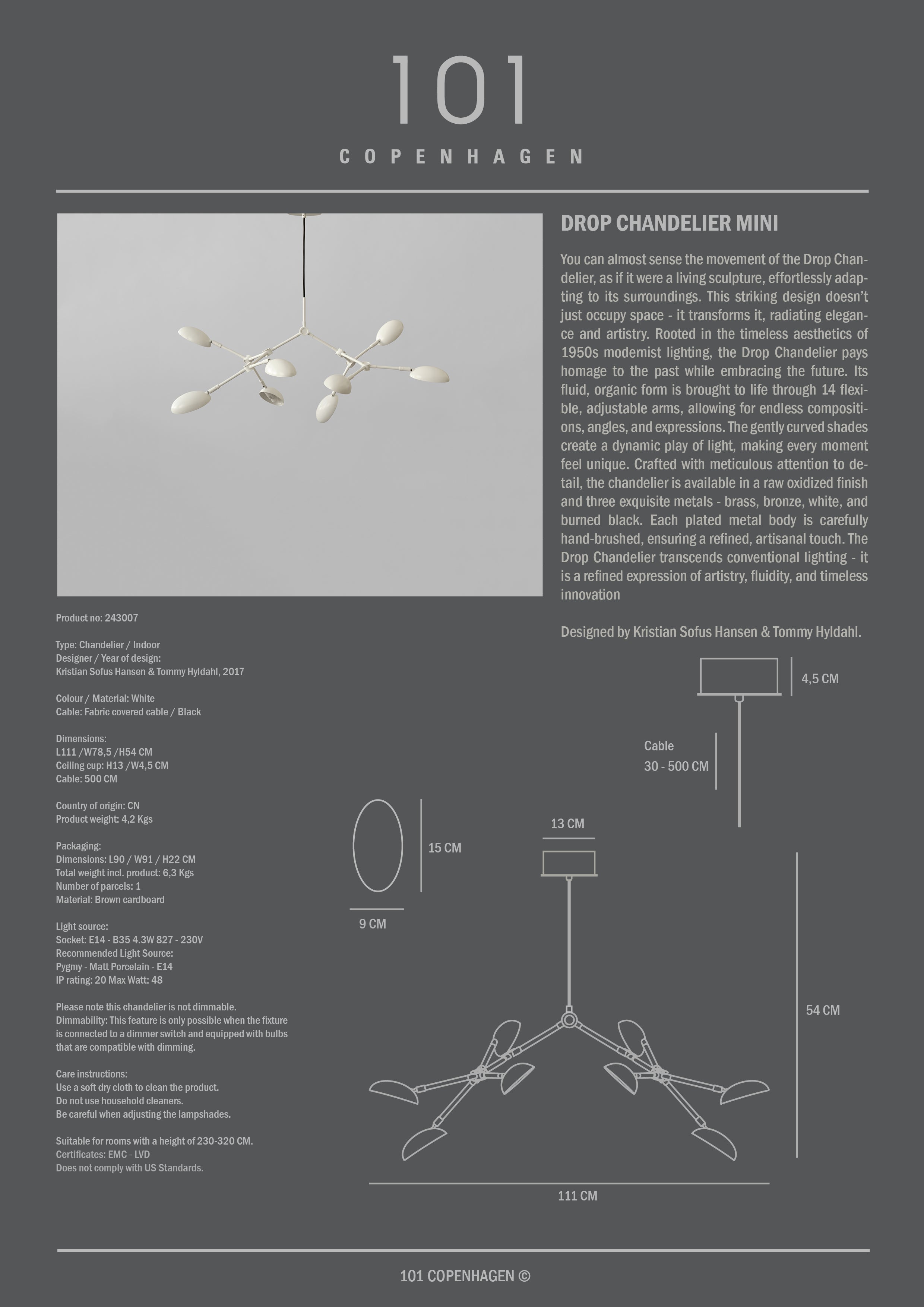 Drop Chandelier, Mini - White (5m)