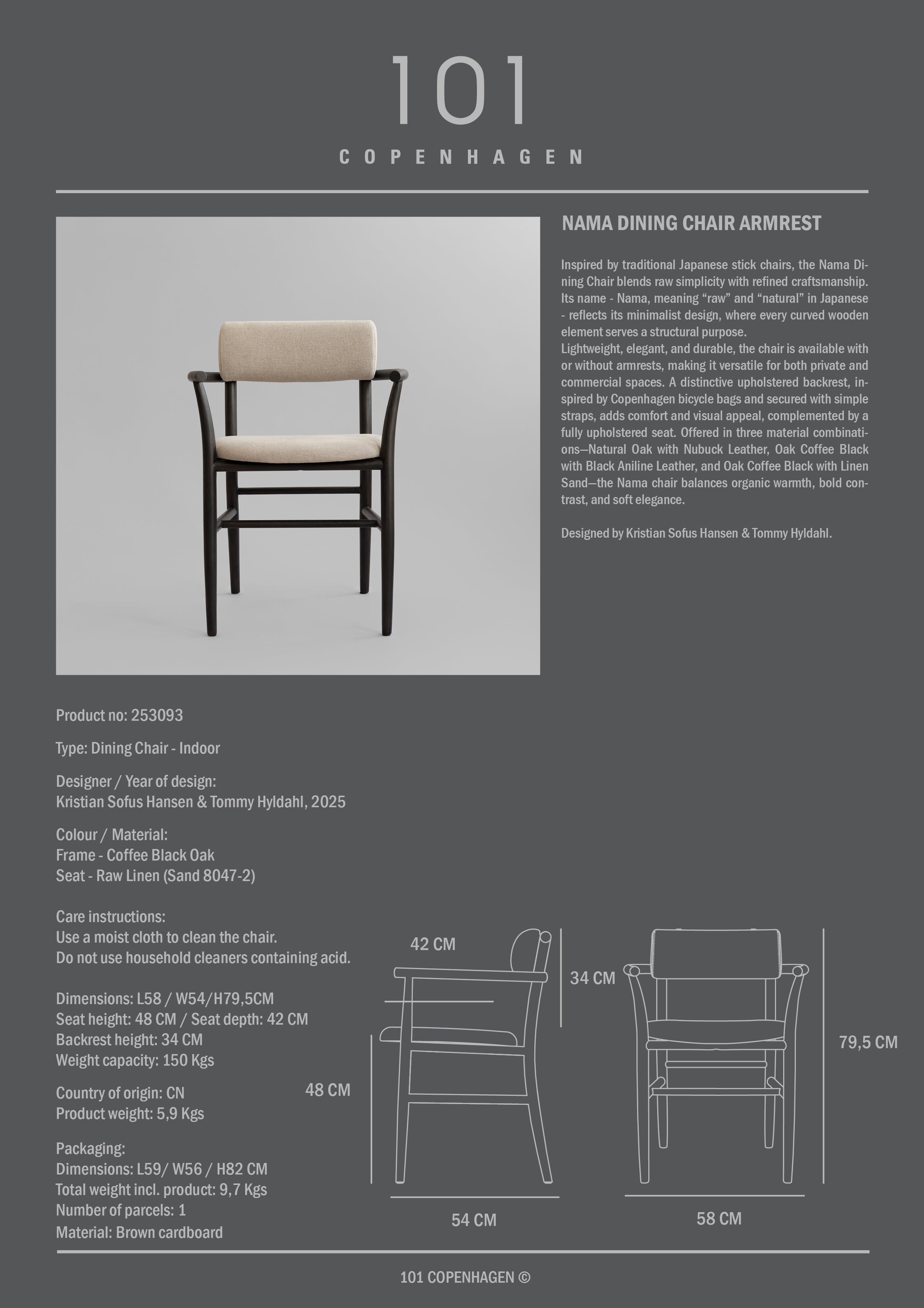 Nama Dining Chair, Armrest - Coffee Black, Linen
