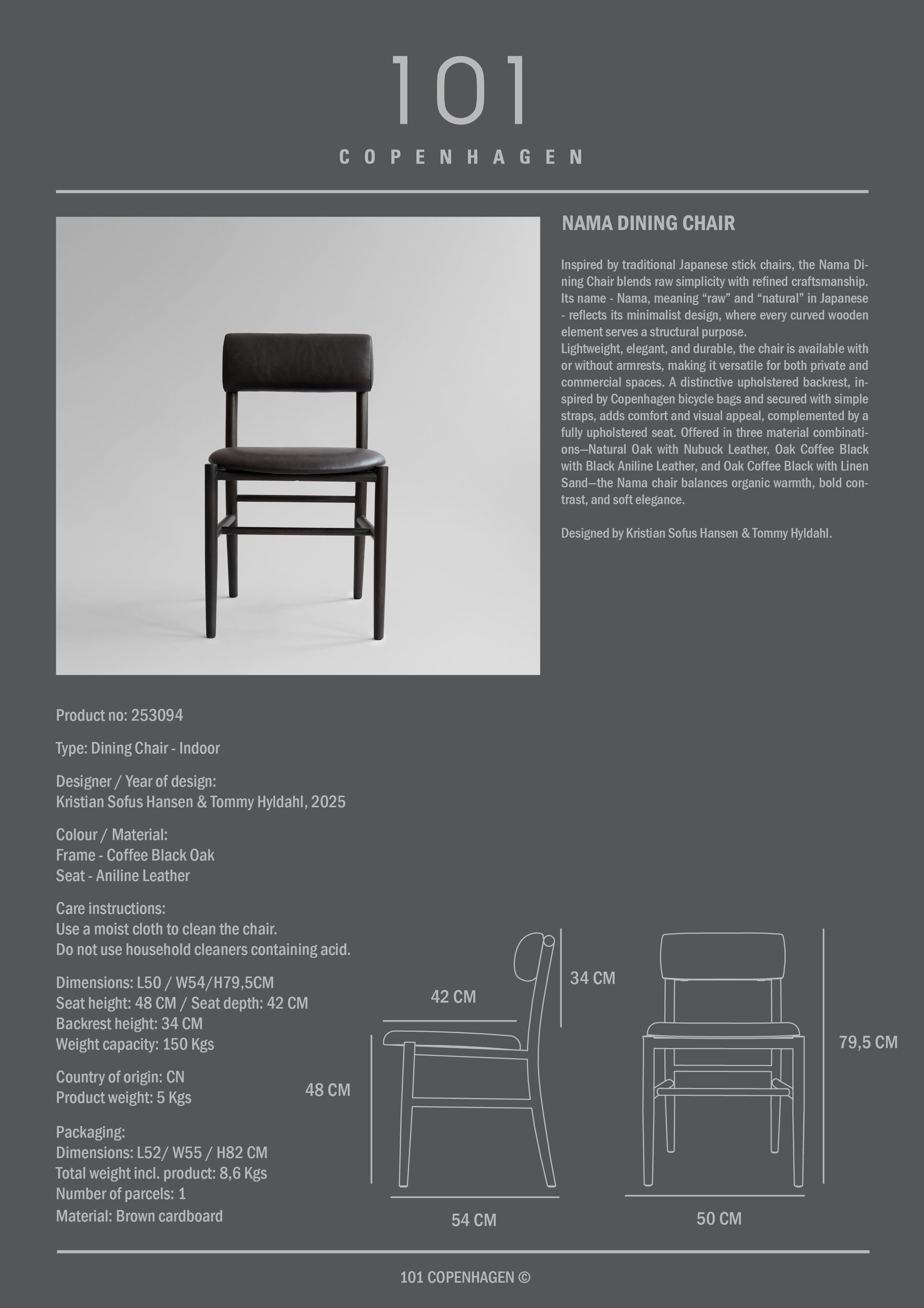 Nama Dining Chair, Coffee Black  - Aniline leather black