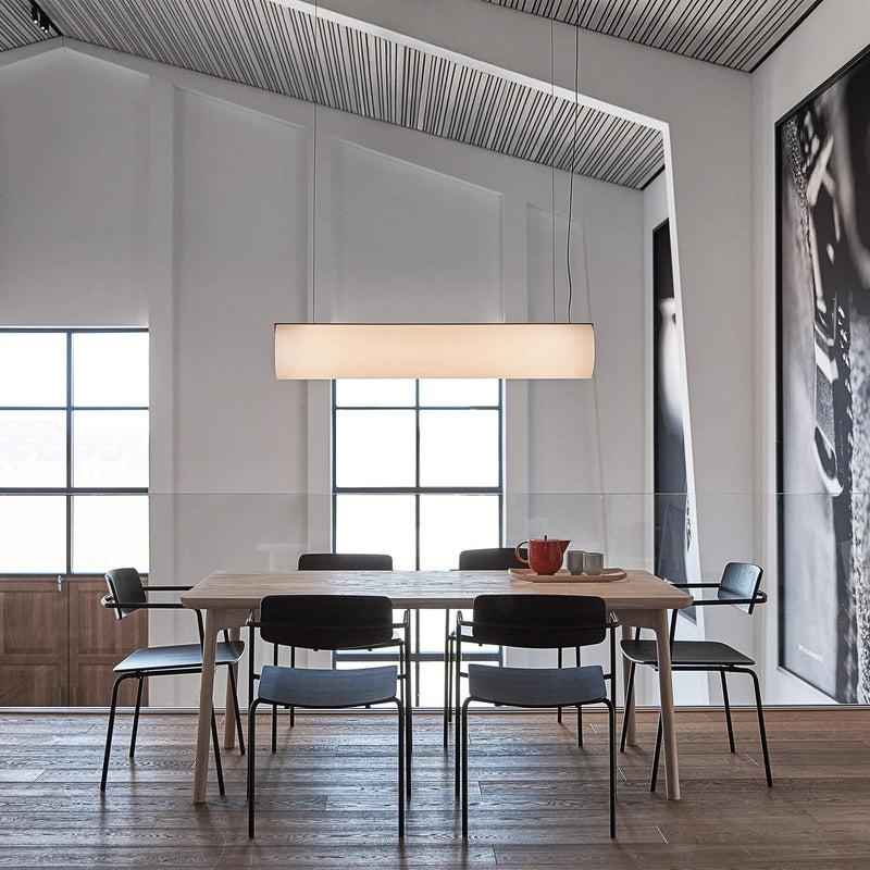 Pendant light placed in a dining space, above the dining table