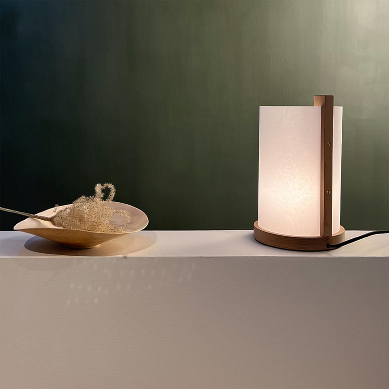 Small table lamp with light on, back view
