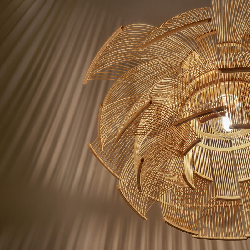 Close up of bamboo pendant with lights on