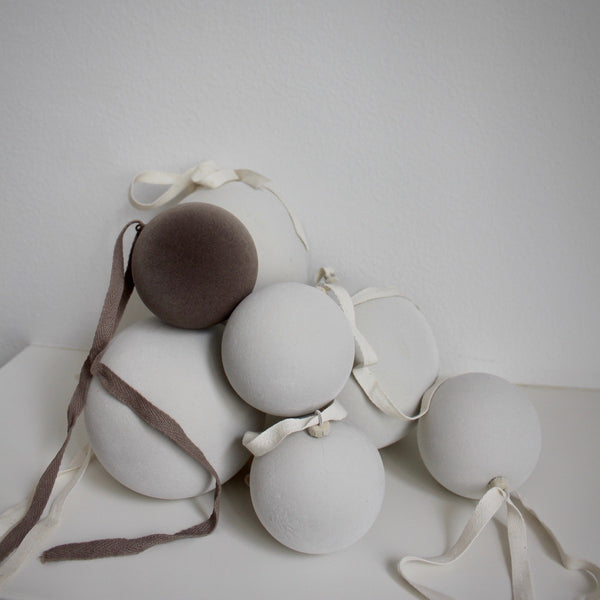 Holiday Ornament - Velvety tone, large creme/dove grey (box of 12)