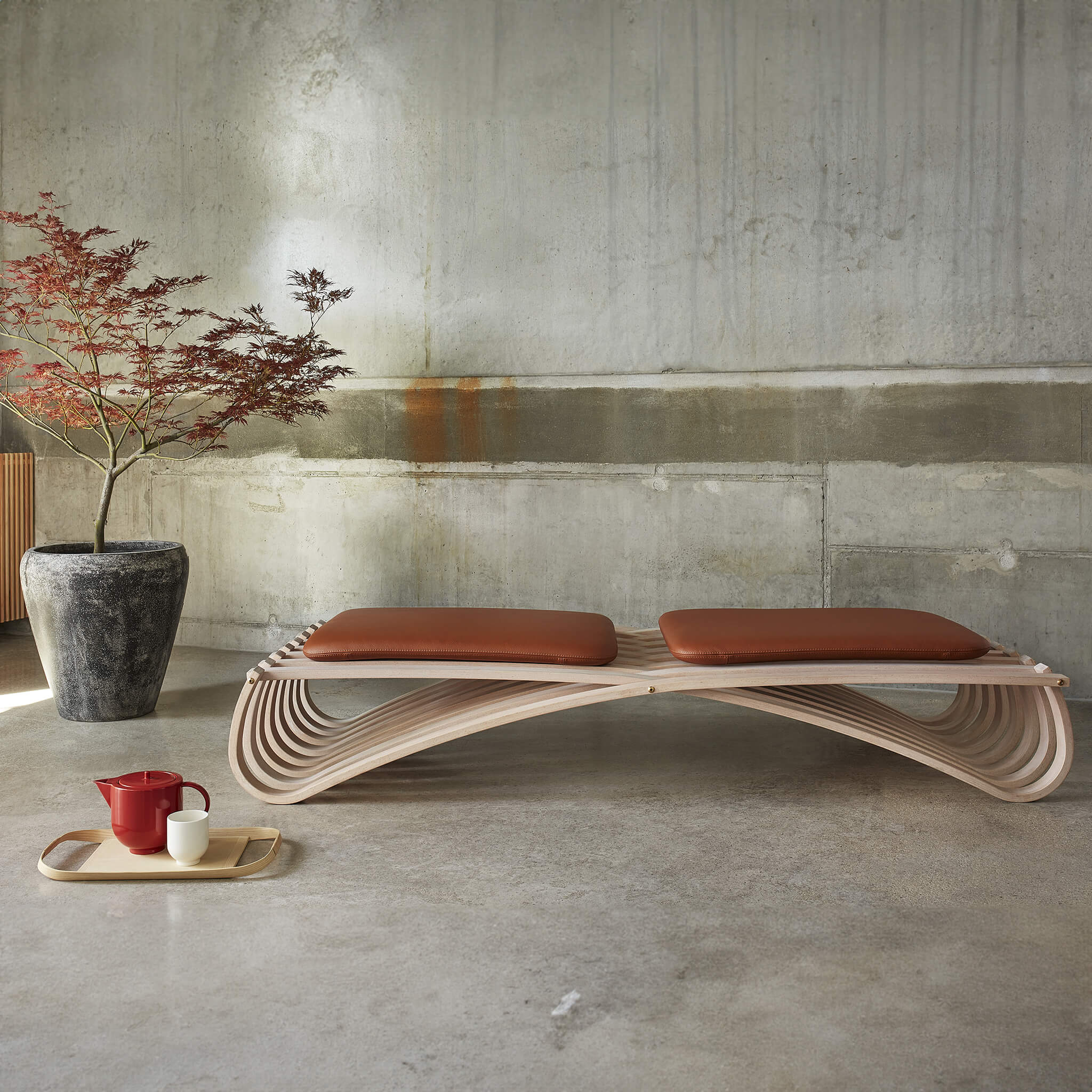 Beech wood daybed next to a plant and a tea set