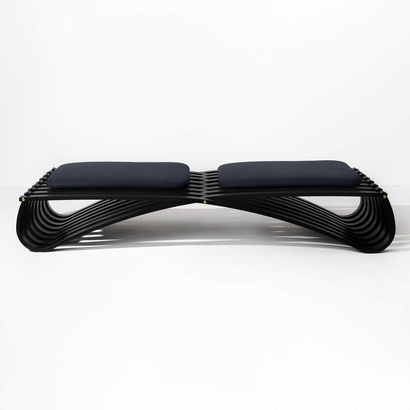 Black wooden daybed with two dark blue textile cushions, front view